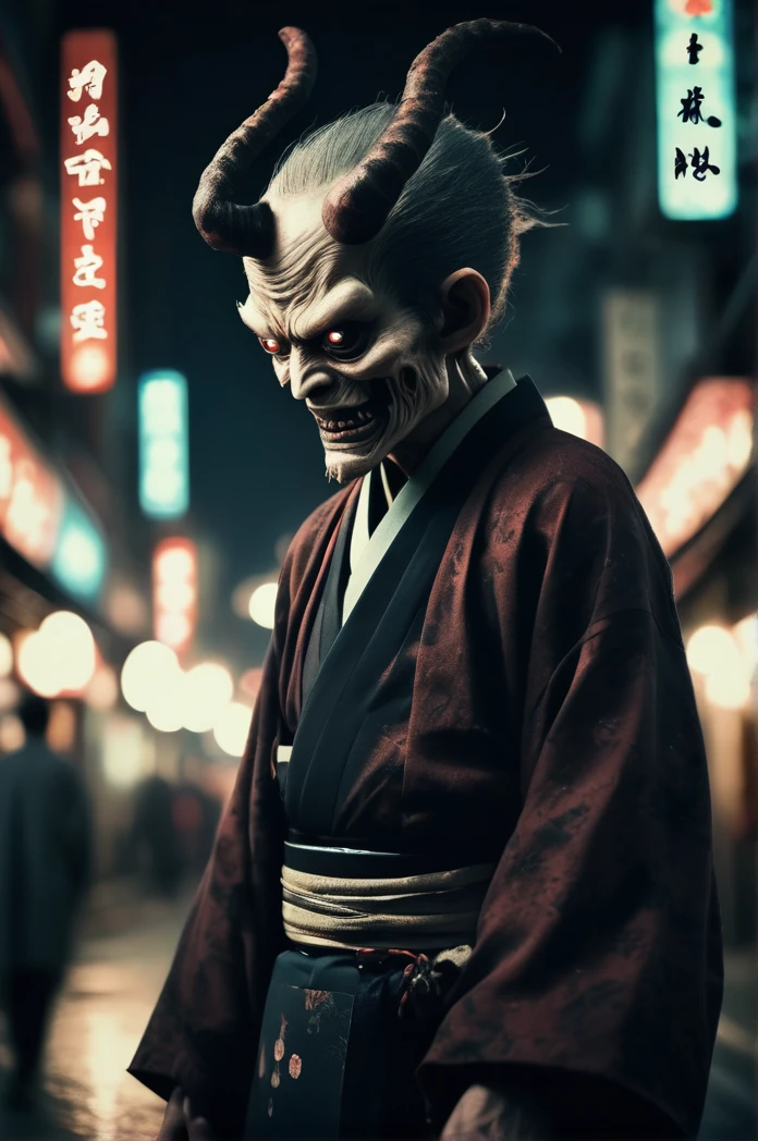 Steampunk night city、There are a lot of demons in the background、Full Body Shot、Horror-themed movie stills,、Calm, big-headed old man, Head enlargement、(Full body portrait:1.3), Nurarihyon、I'm wearing a kimono, Shallow depth of field, Vignette, Very detailed, High budget, Bokeh, CinemaScope, Sulky, amazing, nice, Film Grain, granular . Creepy, Anxious, dark, Creepyな, Suspenseful, strict, Very detailed