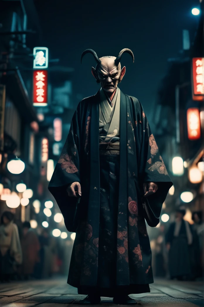 Steampunk night city、There are a lot of demons in the background、Full Body Shot、Horror-themed movie stills,、Calm, big-headed old man, Head enlargement、(Full body portrait:1.3), Nurarihyon、I'm wearing a kimono, Shallow depth of field, Vignette, Very detailed, High budget, Bokeh, CinemaScope, Sulky, amazing, nice, Film Grain, granular . Creepy, Anxious, dark, Creepyな, Suspenseful, strict, Very detailed