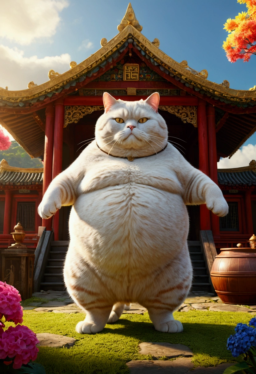 Giant fat Cat, full body, outdoor, by Alan_Lee and Andy_Lee, cinematic still, (best quality, masterpiece), very aesthetic, perfect composition, intricate details, ultra-detailed, vivid colors