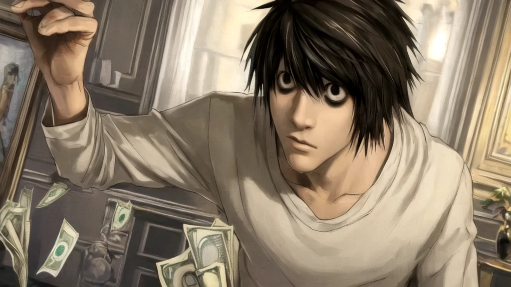 1 boy, man, perfect anatomy, mesmerizing black eyes, 8k resolution, (one person), (realism: 1.2), (masterpiece: 1.2), (cowboy frame: 1.2), dark romantic lighting, (high detail: 1.2), (detailed face: 1.2), (gradients), bright detailed eyes, (natural light: 1.2), solo, indoors, perfect lighting, perfect facial features, perfect angle, perfectly drawn eyes, man, skinny, serious expression, money, dollars, gold around, dollars