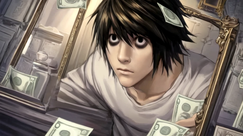 1 boy, man, perfect anatomy, mesmerizing black eyes, 8k resolution, (one person), (realism: 1.2), (masterpiece: 1.2), (cowboy frame: 1.2), dark romantic lighting, (high detail: 1.2), (detailed face: 1.2), (gradients), bright detailed eyes, (natural light: 1.2), solo, indoors, perfect lighting, perfect facial features, perfect angle, perfectly drawn eyes, man, skinny, serious expression, money, dollars, gold around, dollars