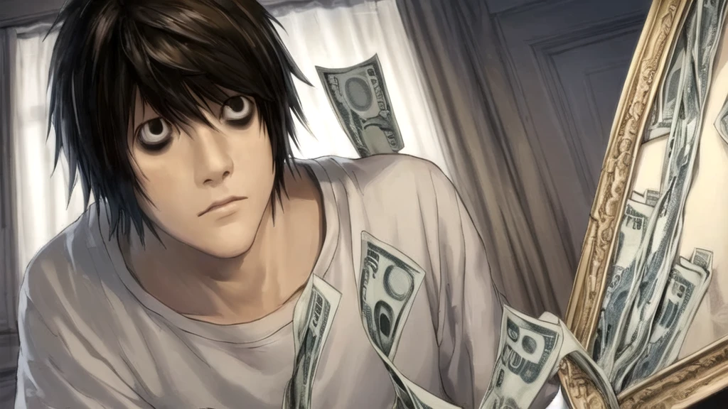 1 boy, man, perfect anatomy, mesmerizing black eyes, 8k resolution, (one person), (realism: 1.2), (masterpiece: 1.2), (cowboy frame: 1.2), dark romantic lighting, (high detail: 1.2), (detailed face: 1.2), (gradients), bright detailed eyes, (natural light: 1.2), solo, indoors, perfect lighting, perfect facial features, perfect angle, perfectly drawn eyes, man, skinny, serious expression, money, dollars, gold around, dollars