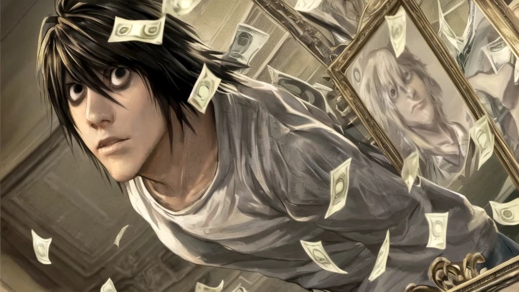 1 boy, man, perfect anatomy, mesmerizing black eyes, 8k resolution, (one person), (realism: 1.2), (masterpiece: 1.2), (cowboy frame: 1.2), dark romantic lighting, (high detail: 1.2), (detailed face: 1.2), (gradients), bright detailed eyes, (natural light: 1.2), solo, indoors, perfect lighting, perfect facial features, perfect angle, perfectly drawn eyes, man, skinny, serious expression, money, dollars, gold around, dollars