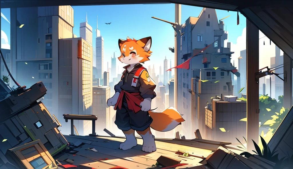Red Panda Boy,8k resolution,Furry, Uniform attire,Red collar,feetは二つ,feetで立つ! towering,lanky,lanky,:slim body,:tall hands,feet,It's bright outside,Collapsed City,building,broken,・split arms,・bad anatomy,・bad body,A ruined metropolis seen from the balcony,High rise apartment building collapses,