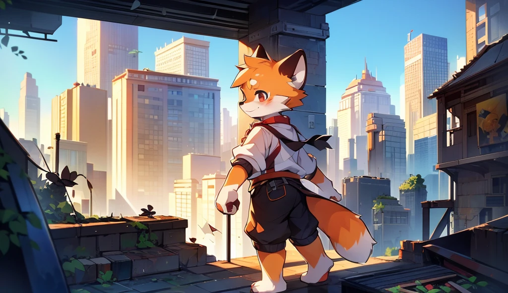 Red Panda Boy,8k resolution,Furry, Uniform attire,Red collar,feetは二つ,feetで立つ! towering,lanky,lanky,:slim body,:tall hands,feet,It's bright outside,Collapsed City,building,broken,・split arms,・bad anatomy,・bad body,A ruined metropolis seen from the balcony,High rise apartment building collapses,