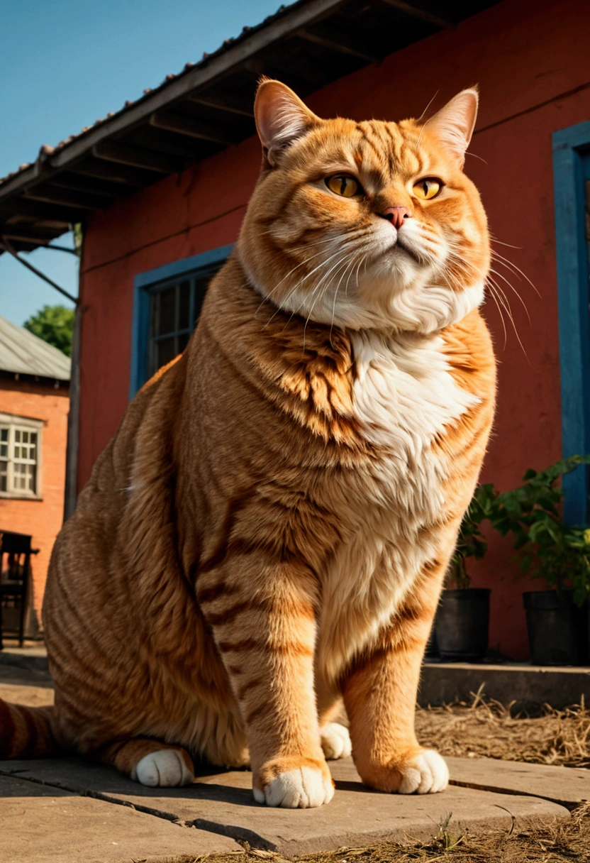 Giant fat Cat, full body, outdoor, by Dan Matutina, cinematic still, (best quality, masterpiece), very aesthetic, perfect composition, intricate details, ultra-detailed, vivid colors