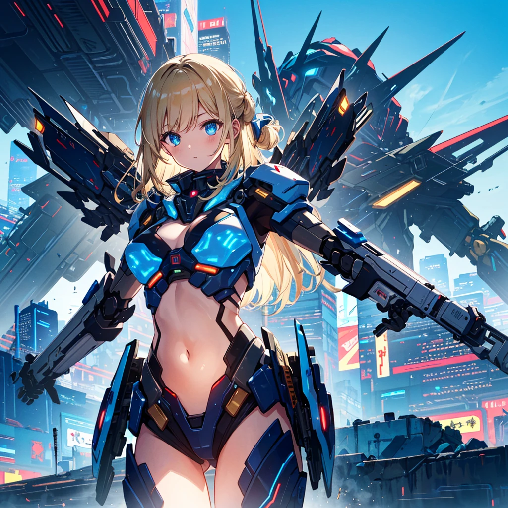 (Top Quality, 16k, Super Detailed, Detailed Face), (Masterpiece), (Perfect Anatomy: 1.4), ((Cyberpunk)), (Blown Out Skin: 1.4), (1 Girl, Solo ), (Spread out glowing mecha wing unit: 1.3), (Glowing mecha weapon: 1.2), (Mecha light gun), (Cerulean blue sky, future cityscape: 1.3), , bright blonde hair, (Two Sides Updo, long hair), medium breasts, navel visible, wide skin area,