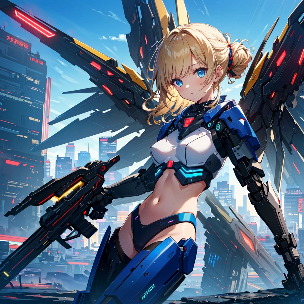 (Top Quality, 16k, Super Detailed, Detailed Face), (Masterpiece), (Perfect Anatomy: 1.4), ((Cyberpunk)), (Blown Out Skin: 1.4), (1 Girl, Solo ), (Spread out glowing mecha wing unit: 1.3), (Glowing mecha weapon: 1.2), (Mecha light gun), (Cerulean blue sky, future cityscape: 1.3), , bright blonde hair, (Two Sides Updo, long hair), medium breasts, navel visible, wide skin area,