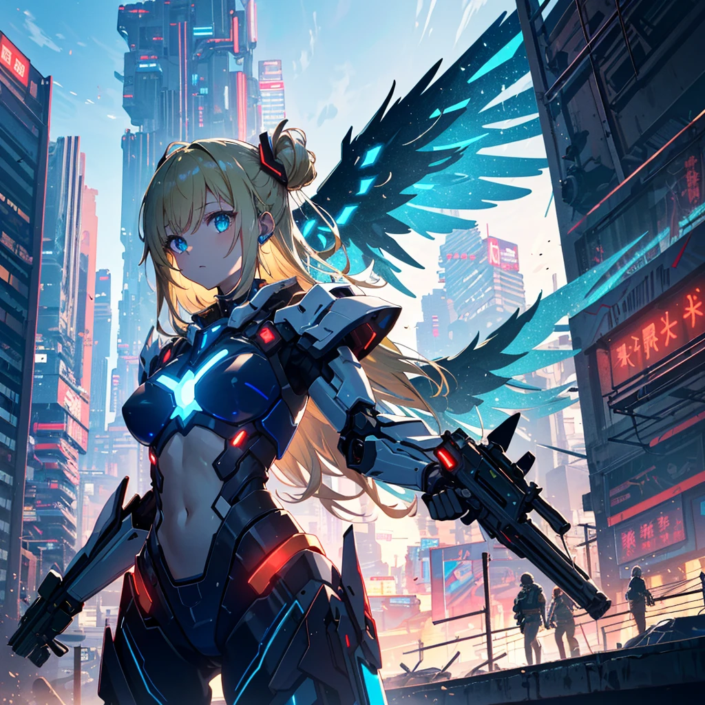 
(Top Quality, 16k, Super Detailed, Detailed Face), (Masterpiece), (Perfect Anatomy: 1.4), ((Cyberpunk)), (Blown Out Skin: 1.4), (1 Girl, Solo ), (Spread out glowing mecha wing unit: 1.3), (Glowing mecha weapon: 1.2), (Mecha light gun), (Cerulean blue sky, future cityscape: 1.3), 17 years old, bright blonde hair, (Two Sides Updo, long hair), medium breasts, navel visible, wide skin area,