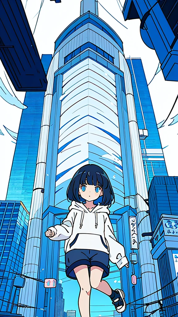 black hair, Blue eyes, girl, bob, front, whole body,White hoodie, Gray shorts,White and blue shoes,(((Anime style))),cute,Buildings,Tokyo