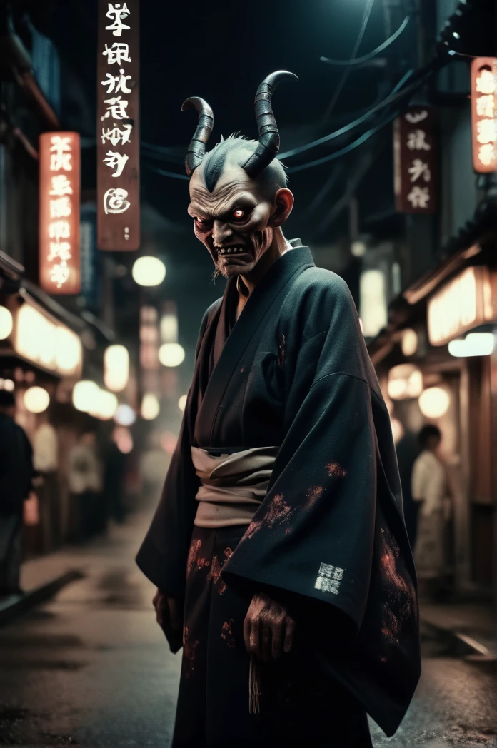 Steampunk night city、There are a lot of demons in the background、Full Body Shot、Horror-themed movie stills,、Calm, big-headed old man, Head enlargement、(Full body portrait:1.3), Nurarihyon、I'm wearing a kimono, Shallow depth of field, Vignette, Very detailed, High budget, Bokeh, CinemaScope, Sulky, amazing, nice, Film Grain, granular . Creepy, Anxious, dark, Creepyな, Suspenseful, strict, Very detailed