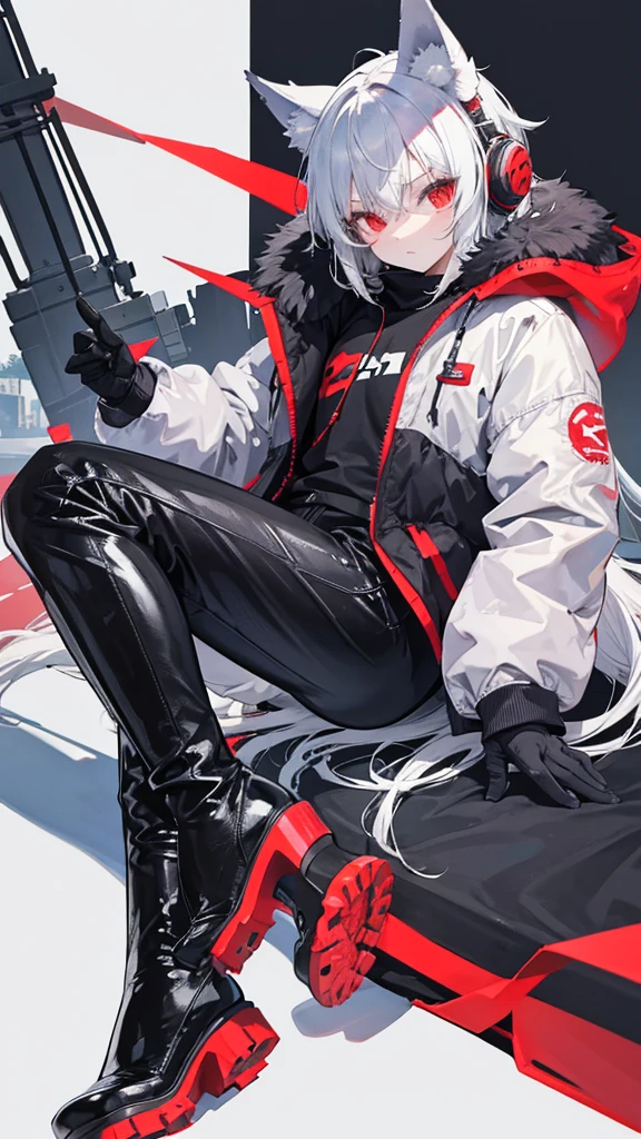 Winter city,whole body,shortness of breath,Beastman,shota,Wolf,headphone,Long Parka,pants,Black 
long boots,Stiletto heels with red soles,Running,Character portrait, High resolution, 