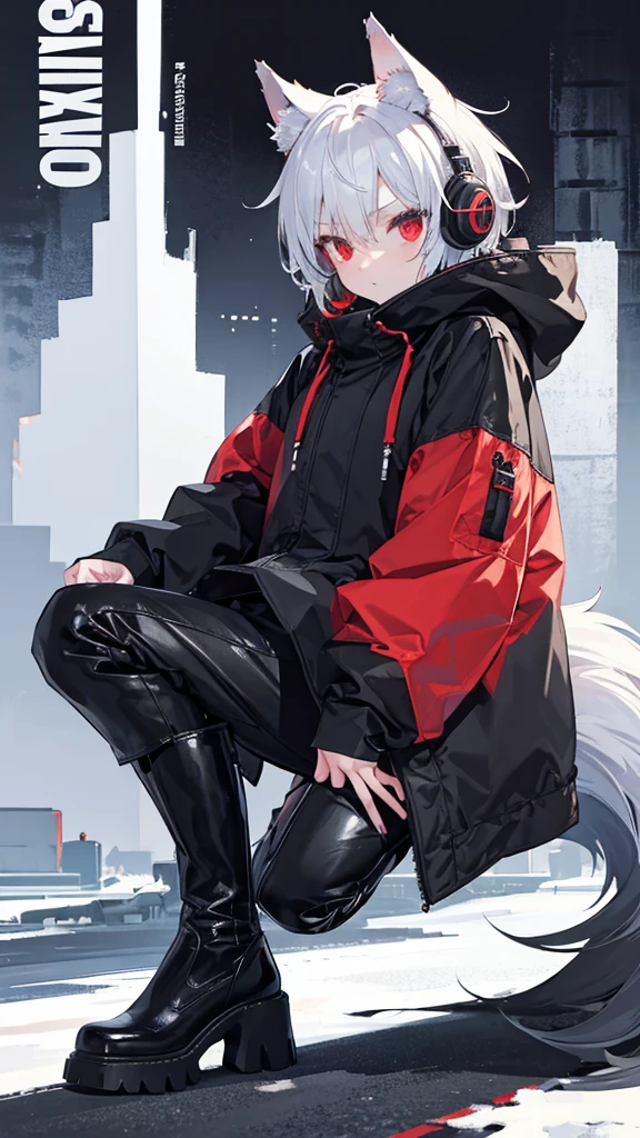 Winter city,whole body,shortness of breath,Beastman,shota,Wolf,headphone,Long Parka,pants,Black 
long boots,Stiletto heels with red soles,Running,Character portrait, High resolution, 