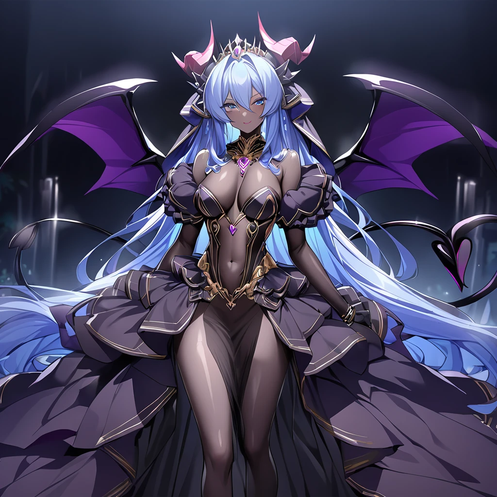 ((Highest quality)), ((masterpiece)), (detailed), (Perfect Face)、The woman was a beautiful, jet-black archdemon with jet-black skin, the Devil Queen Extia, the queen of evil. She had medium-long blue hair, a gorgeous black wedding dress with gold embroidery and trim, a black wedding veil, an engagement ring, and gorgeous accessories. She was the beautiful, elegant archdemon queen, lavishly decorated and jeweled.、A beautiful, jet-black-skinned demon with magnificent devil horns, devil wings, and a devil tail.