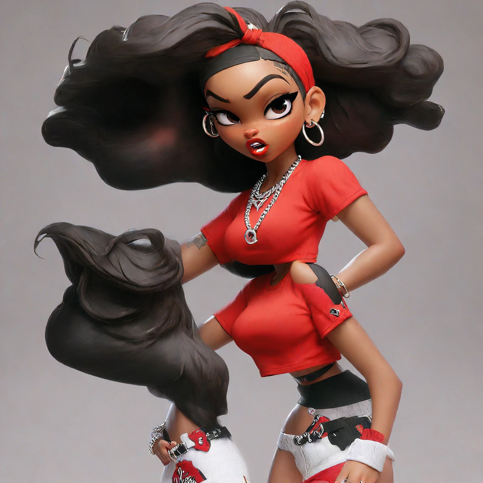 Cute 3D character, a angry light skin woman in a red cropped t - shirt and a black purse, y2k style, thick body, thick hips, black long straight hair , wearing a sexy cropped tops, diamond grillz on teeth, red hair band, black short skirt, doja cat, wearing a cropped top, belly button showing, rapper, graphic tees shirt, black and red aesthetic, light skin tone