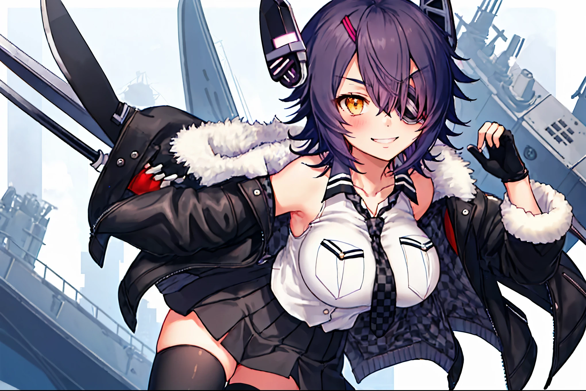 best quality, masterpiece, solo, {tenryuu_kantaicollection:1.15}, teen_girl, eyepatch, short_hair, purple_hair, yellow_eyes, headgear, breasts, necktie, large_breasts, smile, 1girl, blush, checkered_necktie, hair_over_one_eye, shirt, collared_shirt, white_shirt, jacket, sleeveless, brown_eyes, fur-trimmed_jacket, fur_trim, collarbone, looking_at_viewer, pocket, breast_pocket, , black_jacket, messy_hair, black_gloves, gloves, partially_fingerless_gloves,harbor_landscape_background,outdoor,short_skirt,thigh-highs,boots,sunlight,