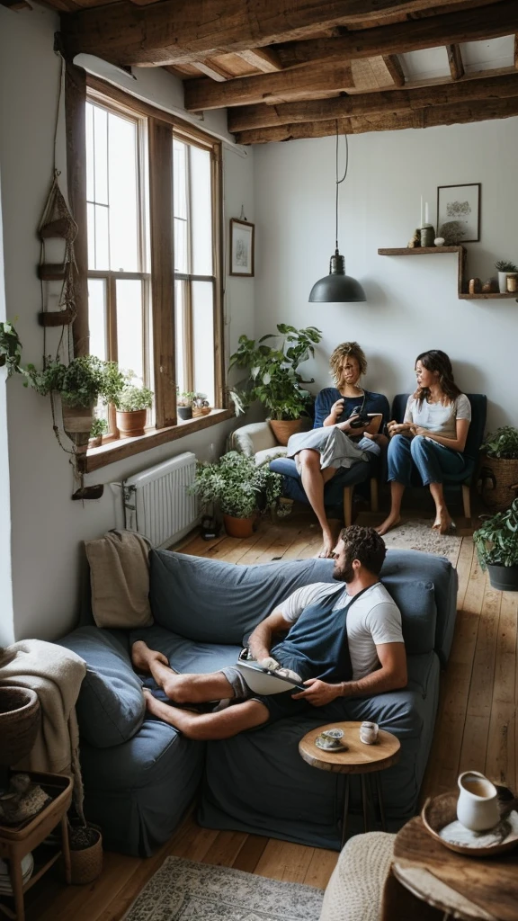 The picture shows a cozy living room scene with a couple relaxing together on a white sofa. The man is sitting upright, leaning back comfortably, while the woman is lying down with her head resting on his lap. They both appear content and are looking at a smartphone the woman is holding. The room has a light and airy feel, with a large window allowing natural light to fill the space. There's an air conditioning unit mounted on the wall behind them. The wall has a rustic, partially distressed look, adding character to the room. There's also a side table with decorative items, a potted plant, and a floor lamp in the background. The overall atmosphere is relaxed and intimate.