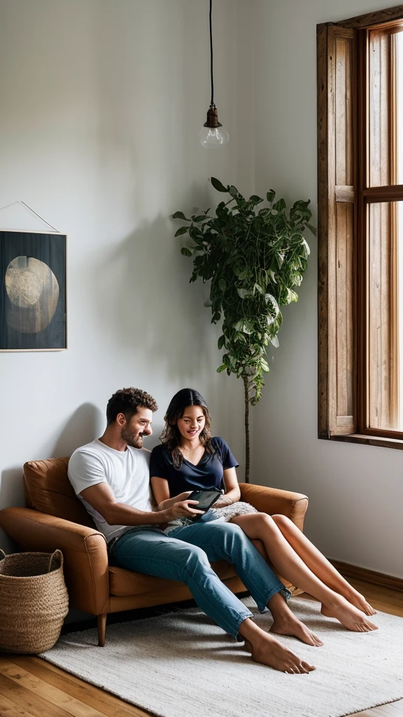 The picture shows a cozy living room scene with a couple relaxing together on a white sofa. The man is sitting upright, leaning back comfortably, while the woman is lying down with her head resting on his lap. They both appear content and are looking at a smartphone the woman is holding. The room has a light and airy feel, with a large window allowing natural light to fill the space. There's an air conditioning unit mounted on the wall behind them. The wall has a rustic, partially distressed look, adding character to the room. There's also a side table with decorative items, a potted plant, and a floor lamp in the background. The overall atmosphere is relaxed and intimate.