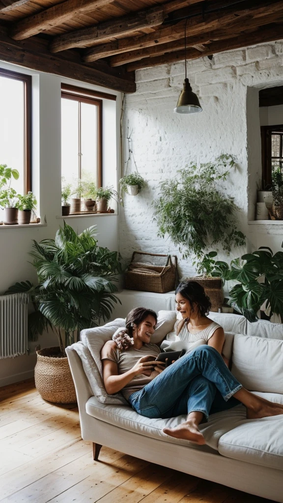 The picture shows a cozy living room scene with a couple relaxing together on a white sofa. The man is sitting upright, leaning back comfortably, while the woman is lying down with her head resting on his lap. They both appear content and are looking at a smartphone the woman is holding. The room has a light and airy feel, with a large window allowing natural light to fill the space. There's an air conditioning unit mounted on the wall behind them. The wall has a rustic, partially distressed look, adding character to the room. There's also a side table with decorative items, a potted plant, and a floor lamp in the background. The overall atmosphere is relaxed and intimate.