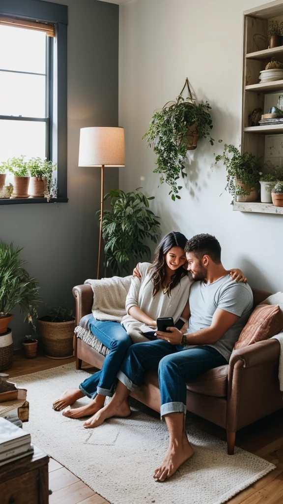 The picture shows a cozy living room scene with a couple relaxing together on a white sofa. The man is sitting upright, leaning back comfortably, while the woman is lying down with her head resting on his lap. They both appear content and are looking at a smartphone the woman is holding. The room has a light and airy feel, with a large window allowing natural light to fill the space. There's an air conditioning unit mounted on the wall behind them. The wall has a rustic, partially distressed look, adding character to the room. There's also a side table with decorative items, a potted plant, and a floor lamp in the background. The overall atmosphere is relaxed and intimate.