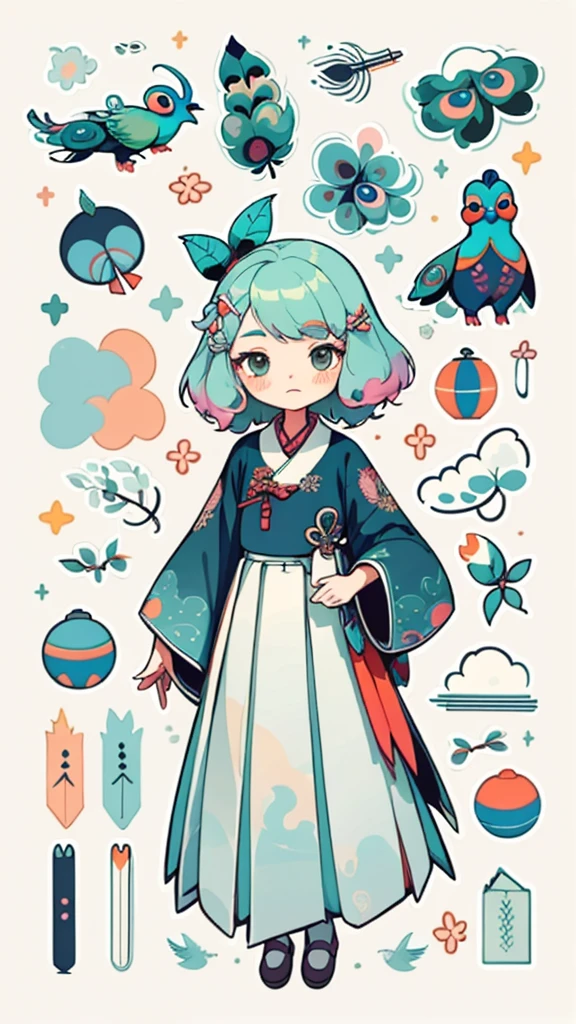 1 sticker, handbook, (2d sticker, paperdoll, 1 girl, Korean paper clothes, gorgeous collar top, pleated long skirt, embroidery, peacock, hairpin, folding fan, feather, parts split), watercolor, white background, simple background, minimal, cute, tiny, earth colors, pastel color, vector style, no gradient,