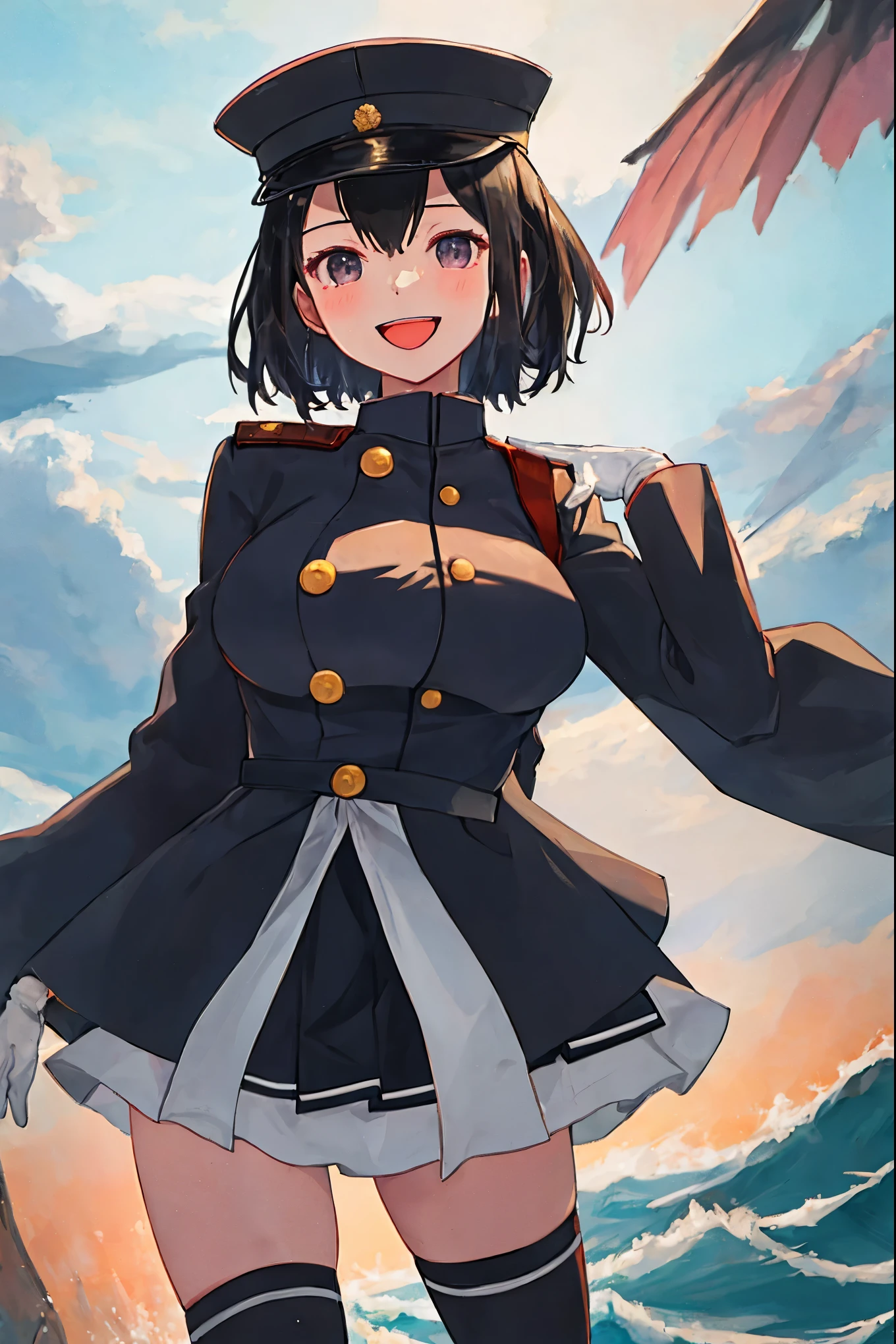 best quality, masterpiece, solo, {akitsu_maru_kantaicollection:1.15}, black_hair, short_hair, hat, peaked_cap, black_eyes, military, big_boobs, 1girl, black_headwear, looking_at_viewer, military_uniform, uniform, military_hat, sea_background, smile,(plump:0.7),,black_thigh-highs,joylight_open_mouth,