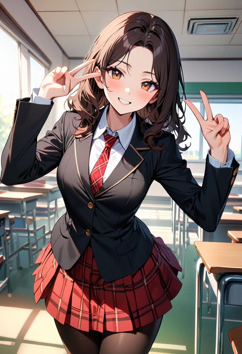 (masterpiece, best quality:1.3), (A young woman, 19-years-old, average height, solo, Korean, long black wavy hair, no bangs, brown eyes:1.1), (black blazer, white dress shirt, red plaid necktie, red pleated skirt, black pantyhose, cheerful smile, mature face, classroom, holding up a v-sign:1.2)