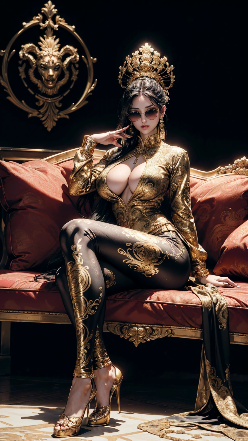 ((best quality,4k,highres,masterpiece:1.2)),((character concept art)), 1 female, age 25, Chinese Hong Kong, Hong Kong Elite, eldest sister, triad female leader, Known for her impeccable fashion sense and elegant demeanor, she is a true embodiment of the Versace brand. Her body language is as captivating as her style, always exuding confidence and high fashion. (((She's wearing an exquisite Versace Barocco-print Shirt in Silk and Barocco-print leggings gold-tone/white/black, a true testament to the brand's luxurious aesthetic.))) Paired with Versace Medusa Tribute Sandals, she carries her ensemble with an air of effortless sophistication. Her accessories include a Versace Medusa Tribute Bag and a pair of Versace Tribute Sunglasses, enhancing her overall look. ((intricate detail)), super finely detailed hands, ultra finely detailed fingers(((ten fingers))), (standing still with confidently), (full body showcase), (show full body), (no logos on background), (no logo), ((plain background)), ((plain background)), (((empty background))). Huge perky breasts, deep cleavage 1.8, thick thighs, hands in hair, cameltoe 1.8, curvy, (9sitting on sofa, spreading legs wide open 