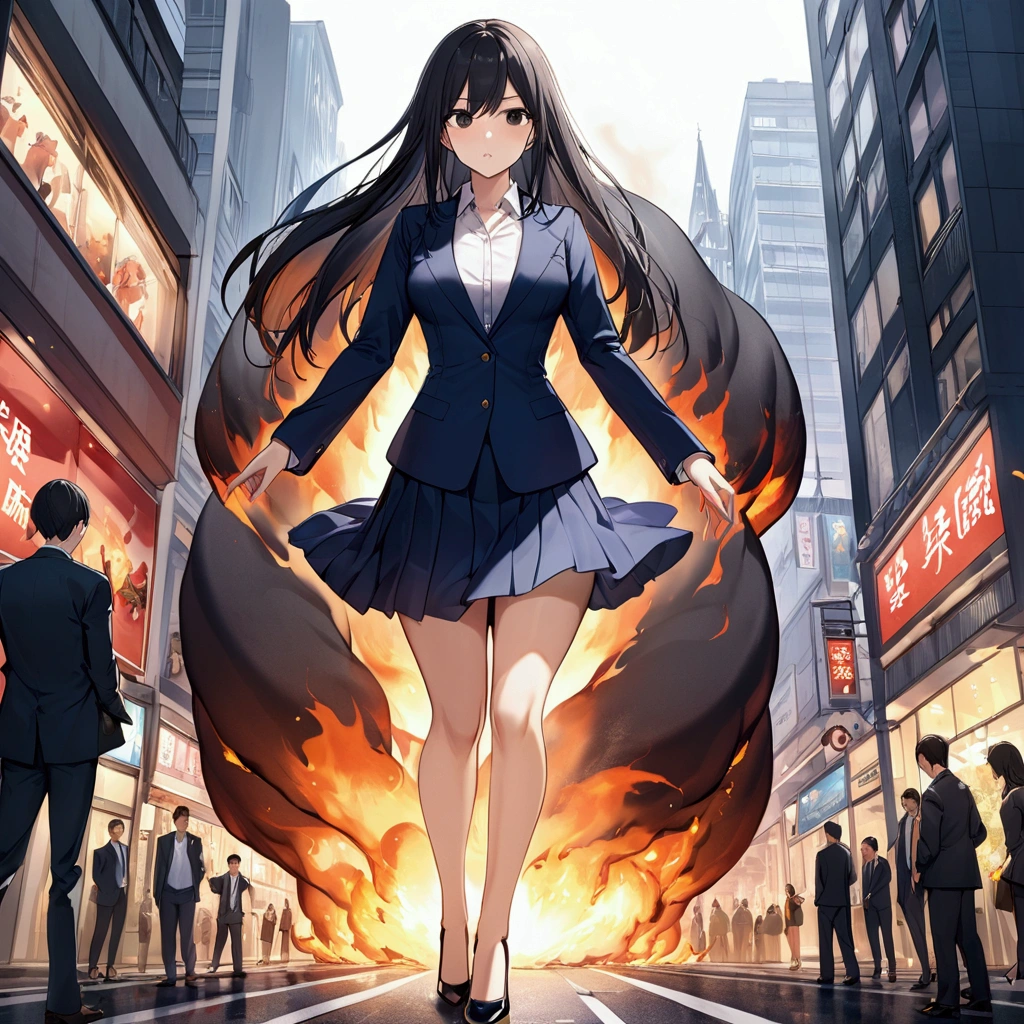 40meters Giant Growth woman appears in the city, 7:3 parting, semi-long, black hair, black eyes, Navy blazer, white shirt, Navy Tight Skirt, Black High Heels