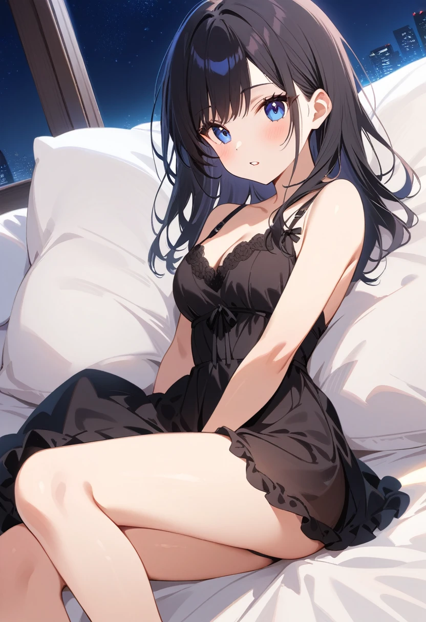 high quality,, 最high quality、 Stylish design, (((The most beautiful girl))), ((Thin legs))、(((最high quality))), High resolution, ((detailed)), ((masterpiece)), ((Super detailed)), 26 year old girl、lingerie、Black Hair、Inner Color、((At the bed,night)),((Sexual))