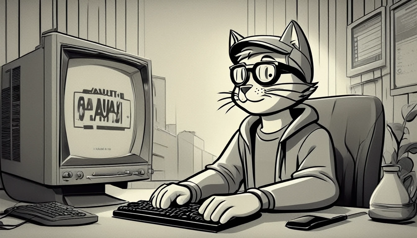 Generate an image in the style of a 1950s and 1960s advertisement featuring: personagem: cat (like the vault boy) with a hoodie like a hacker and circular glasses in front of a computer. The background should be simple and uncluttered. Use only this cores: limited color palette of gray tones Use: clear lines, thick lines, and bold outlines
