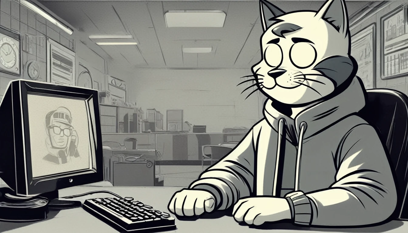 Generate an image in the style of a 1950s and 1960s advertisement featuring: personagem: cat (like the vault boy) with a hoodie like a hacker and circular glasses in front of a computer. The background should be simple and uncluttered. Use only this cores: limited color palette of gray tones Use: clear lines, thick lines, and bold outlines
