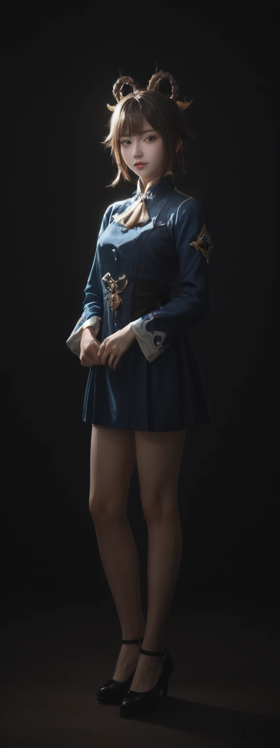 cinematic film, Realistic photograph,realistic, score_9, score_8_up, score_7_up, score_6_up,
1girl, solo, from front, full body, Qiqi \(genshin impact\), black background, makeup, sidelighting, backlighting, glowing,