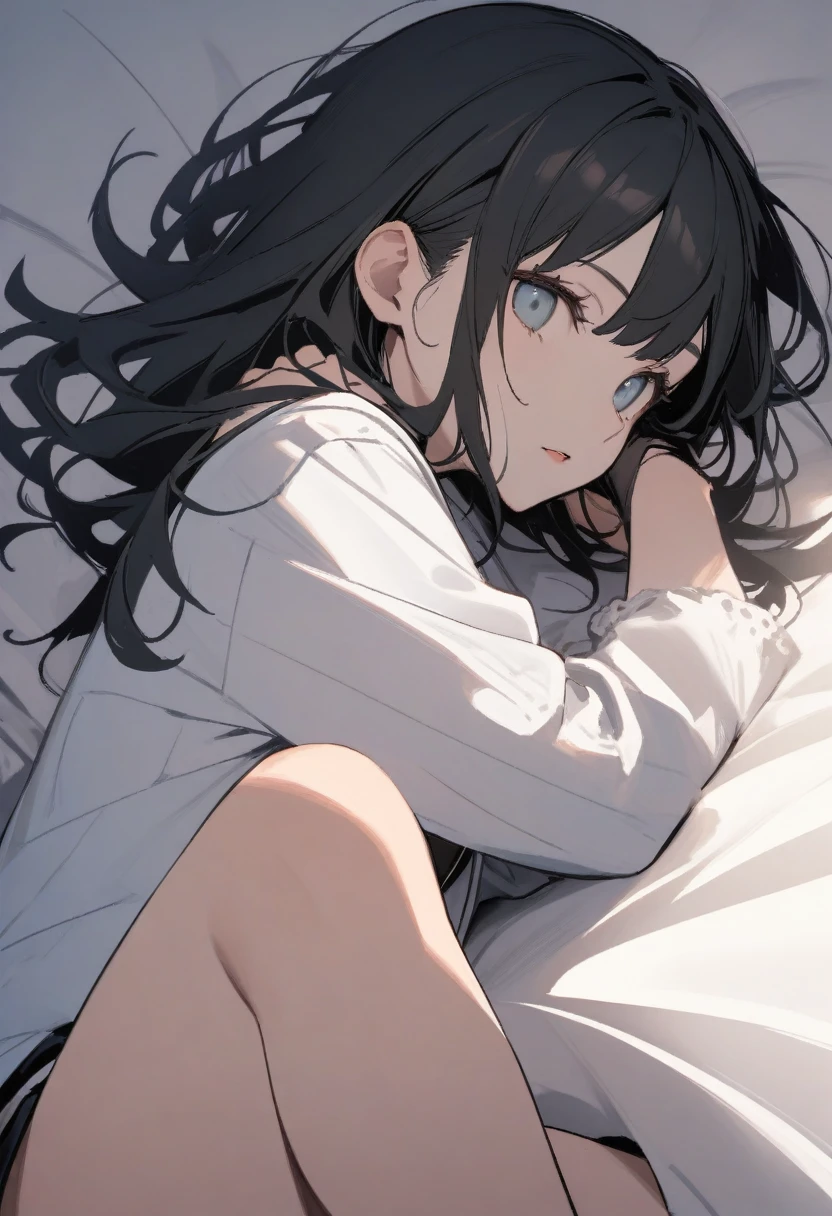 high quality, 最high quality、 Stylish design, (((The cutest girl))), ((Thin legs))、(((最high quality))), High resolution, ((detailed)), ((masterpiece)), ((Super detailed)), 16-year-old girl、Landmine Fashion、Black Hair、Inner Color、((Lying on your back in bed)),((Sexual))