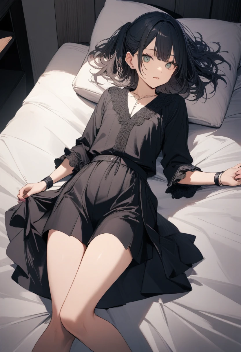 high quality, 最high quality、 Stylish design, (((The cutest girl))), ((Thin legs))、(((最high quality))), High resolution, ((detailed)), ((masterpiece)), ((Super detailed)), 16-year-old girl、Landmine Fashion、Black Hair、Inner Color、((Lying on your back in bed)),((Sexual))