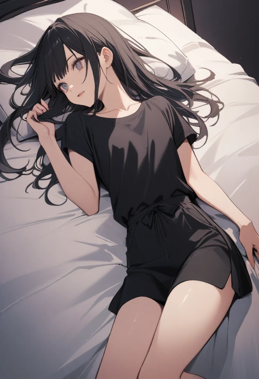 high quality, 最high quality、 Stylish design, (((The cutest girl))), ((Thin legs))、(((最high quality))), High resolution, ((detailed)), ((masterpiece)), ((Super detailed)), 、Landmine Fashion、Black Hair、Inner Color、((Lying on your back in bed)),((Sexual))
