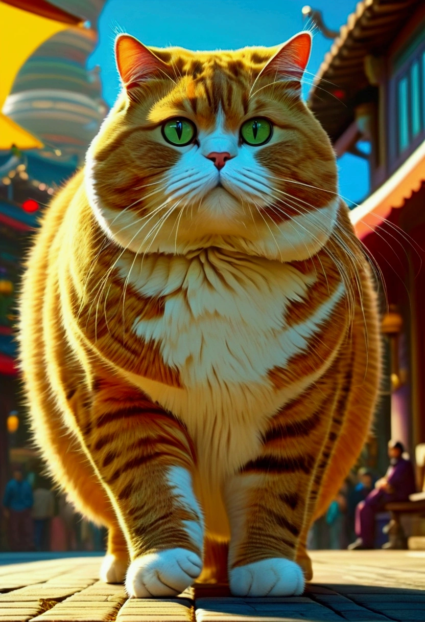 Giant fat Cat, full body, outdoor, by Dan Matutina, cinematic still, (best quality, masterpiece), very aesthetic, perfect composition, intricate details, ultra-detailed, vivid colors