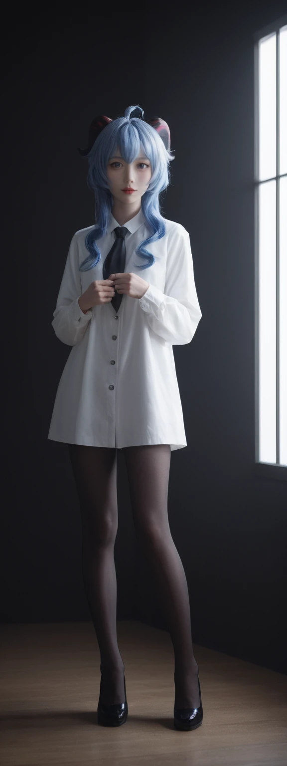 cinematic film, Realistic photograph,realistic, score_9, score_8_up, score_7_up, score_6_up,
 1girl, solo, from front, full body, Ganyu  \(genshin impact\), black background, makeup, sidelighting, backlighting, glowing, 
