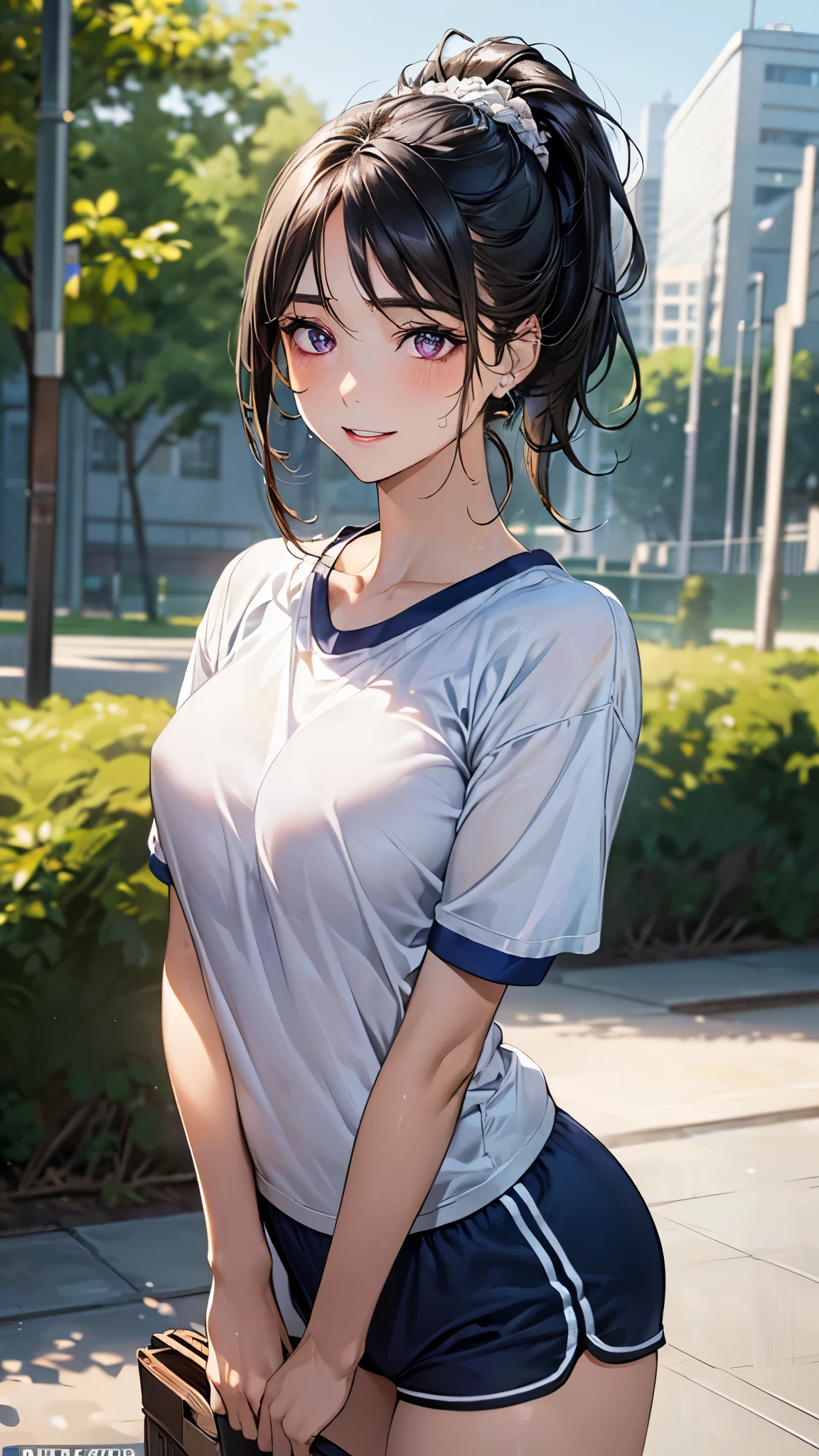 (masterpiece:1.2, top-quality), (realistic, photorealistic:1.4), beautiful illustration, (natural side lighting, movie lighting), depth of fields, (photograph),
beautiful detailed hair, beautiful detailed face, beautiful detailed eyes, beautiful clavicle, beautiful body, beautiful chest, beautiful thigh, beautiful legs, beautiful fingers,
looking at viewer, 1 girl, , (perfect anatomy, anatomically correct, super detailed skin), perfect face, parfect eyes, cute and symmetrical face, babyface,
(le hair, ponytail, sideburns:2.0, black hair), bangs, purple eyes, slant eyes, big eyes, long eye lasher, (large breasts, seductive thighs), slender, white skin, shiny skin,
(short sleeve white t-shirt, navy short pants, gym clothes), sweaty,
(beautiful scenery), evening, (park:1.2,), hands on chest, (lovery smile, upper eyes, parted lips),