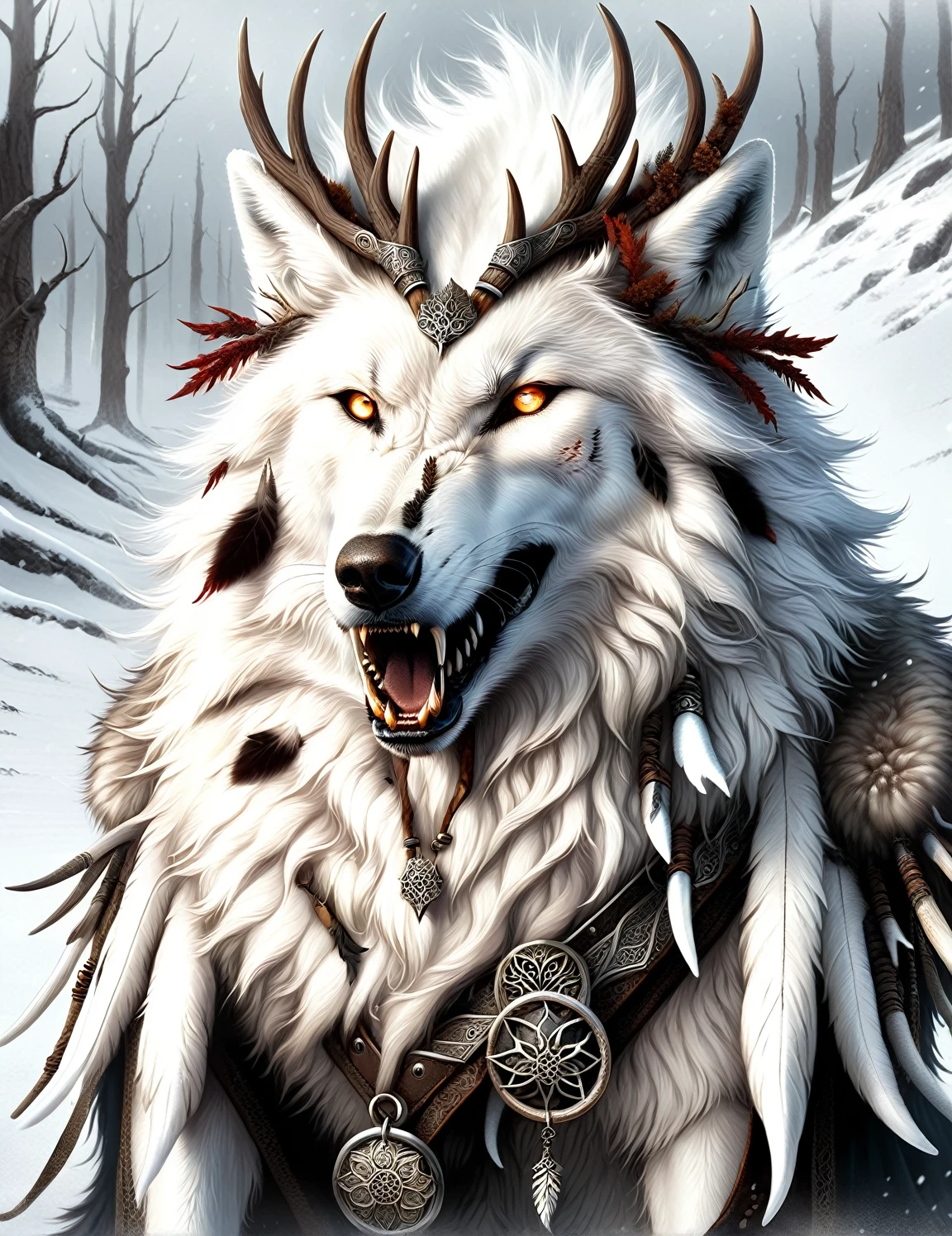 AntlerStyle, A powerful white wolf, angry expression, wearing an ornate leather collar, its eyes ablaze, nostrils flaring, mouth open, close-up, charges towards the viewer through a blizzard-filled landscape, fur whipped by the wind as it runs, creating an impressive display of snow flying around its fury form, highly detailed eyes, style of Wlop and Greg Rutkowski and Guweiz,