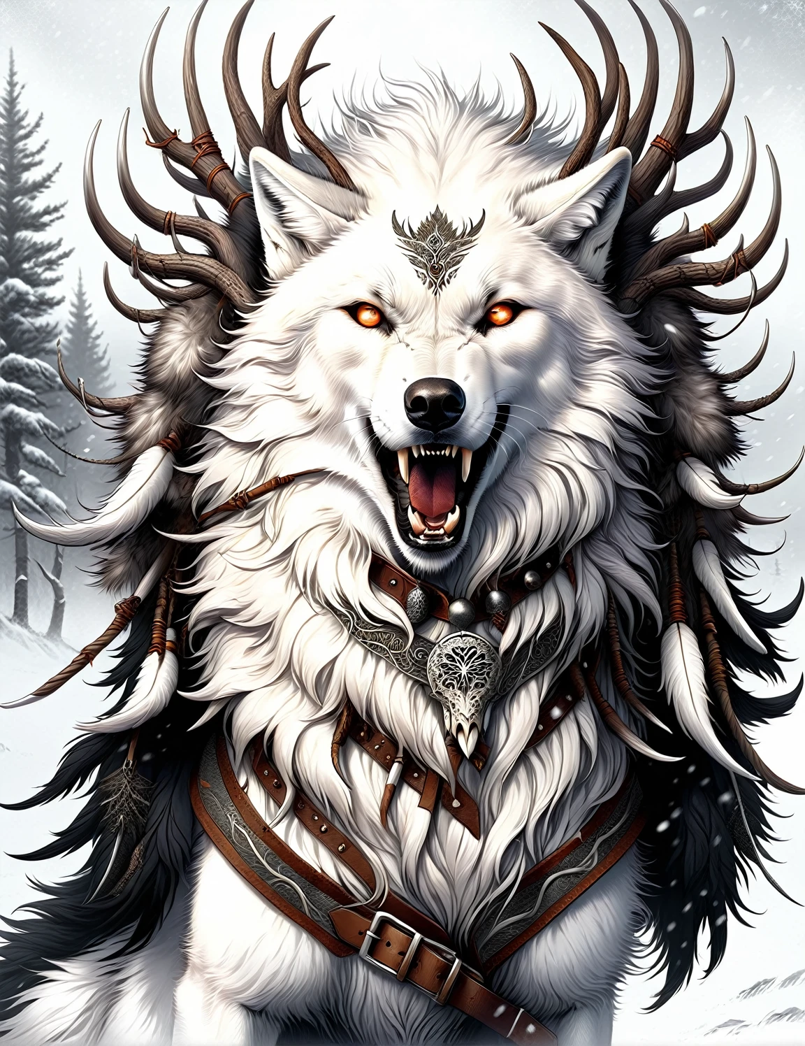 AntlerStyle, A powerful white wolf, angry expression, wearing an ornate leather collar, its eyes ablaze, nostrils flaring, mouth open, close-up, charges towards the viewer through a blizzard-filled landscape, fur whipped by the wind as it runs, creating an impressive display of snow flying around its fury form, highly detailed eyes, style of Wlop and Greg Rutkowski and Guweiz,