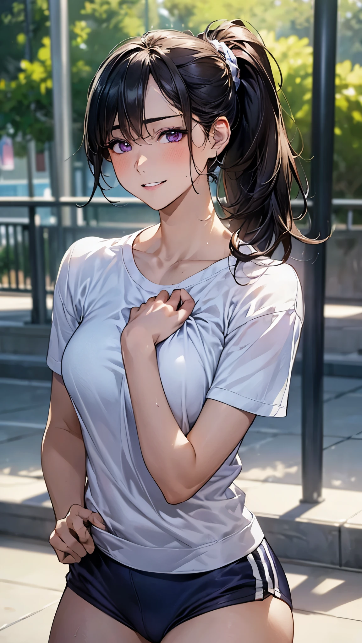 (masterpiece:1.2, top-quality), (realistic, photorealistic:1.4), beautiful illustration, (natural side lighting, movie lighting), depth of fields, (photograph),
beautiful detailed hair, beautiful detailed face, beautiful detailed eyes, beautiful clavicle, beautiful body, beautiful chest, beautiful thigh, beautiful legs, beautiful fingers,
looking at viewer, 1 girl, 12 years old, (perfect anatomy, anatomically correct, super detailed skin), perfect face, parfect eyes, cute and symmetrical face, babyface,
(middle hair, ponytail, sideburns:2.0, black hair), bangs, purple eyes, slant eyes, big eyes, long eye lasher, (large breasts, seductive thighs), slender, white skin, shiny skin,
(short sleeve white t-shirt, navy short pants, gym clothes), sweaty,
(beautiful scenery), evening, (park:1.2,), hands on chest, (lovery smile, upper eyes, parted lips),