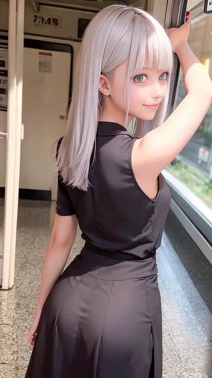 Female college student、Commuting to school、Long skirt with slit、Sleeveless shirt、Inside the train、Standing holding on to a strap、1 girl、Bob Hair、Silver Hair、Medium breast、Smile and stare、Highest quality、masterpiece:1.3、Raw photo、((Back view、View from behind))、