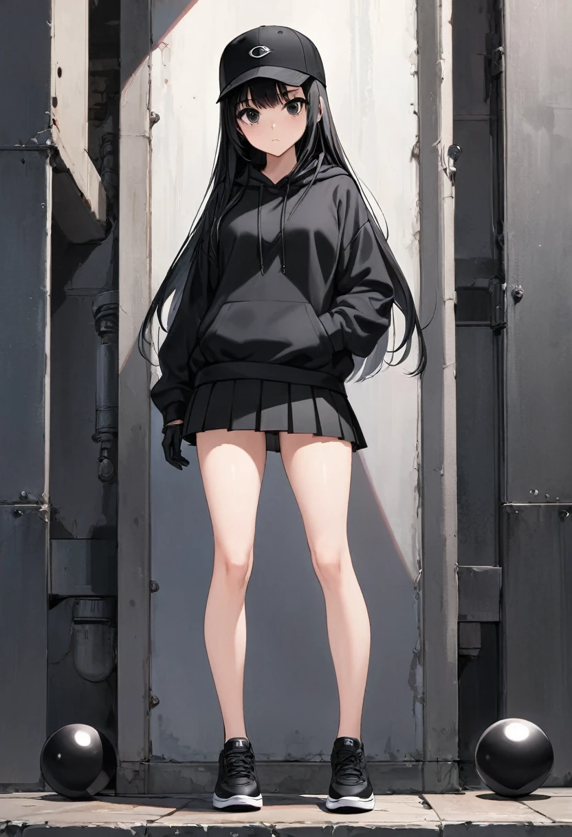 A tired girl is standing straight,, black hair, wearing dark blur t-shirt and tight army lower, full view, sexy