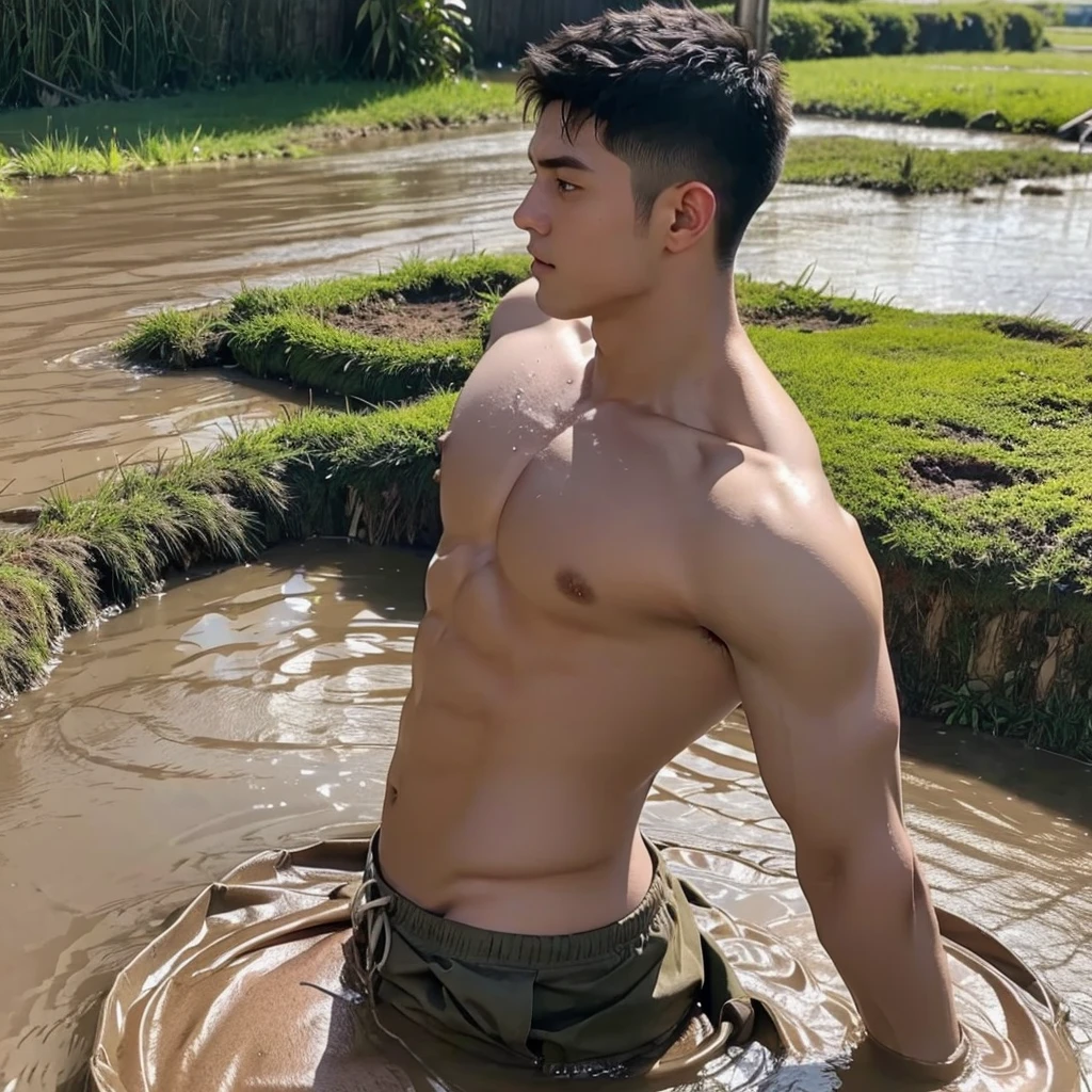 photorealistic,shirtless muscular man, wet body for highlights , half body in mud pit, struggling posture,