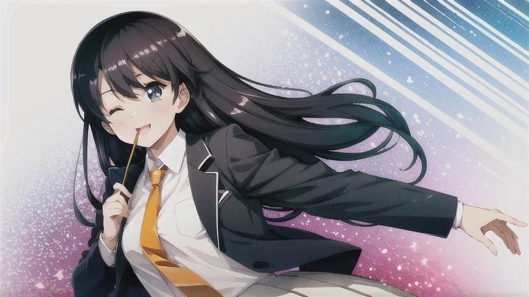 １People Girls,View your viewers, smile, skirt, ,shirt, Long sleeve, Holding, Mouth closed,Use your phone , Black Hair, Jacket, white shirt, Upper Body, pleated skirt, Open clothes, tie, 