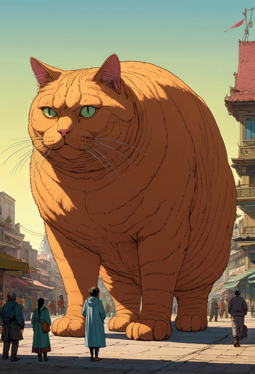 Giant fat Cat, full body, outdoor, by Moebius, cinematic still, (best quality, masterpiece), very aesthetic, perfect composition, intricate details, ultra-detailed, vivid colors