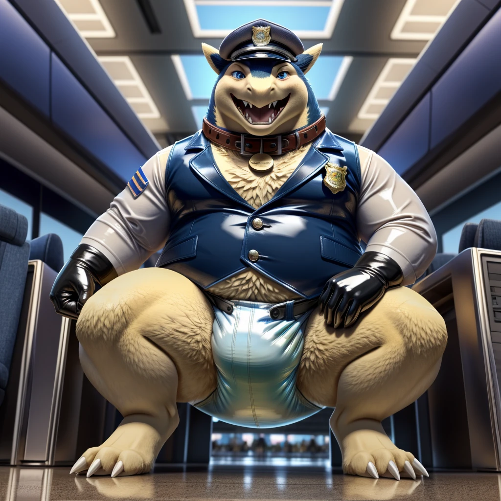 Solo, Male, fat, squatting, extremely obese, gentleman, dapper Typhlosion, pooping in diaper, blue eyes, (soft shading), 4k, hi res, ((detailed face, detailed)), looking at viewer, evil grin, Airport, TSA, TSA Uniform, collared shirt with buttons, hat, male focus, Police Uniform, glasses, monocle, vest with buttons, sleeves rolled up, round eyewear, headwear, vest, Typhlosion is wearing a glossy leather dog collar around the neck, Typhlosion is wearing the leather collar and shirt and vest at the same time, Typhlosion is wearing glossy white rubber gloves on the hands, wearing white rubber gloves on the feet, gloves are rubber in texture, mouth wide open, evil laugh, clenching fists, leather collar is glossy and shiny with a lot of detail, Typhlosion is wearing gloves and leather collar at the same time, leather collar has a round dog-tag, leather collar is thick and detailed, white rubber gloves on the feet, Typhlosion is wearing gloves and leather collar at the same time, leather collar has a round dog-tag, leather collar is thick and detailed, leather collar is glossy and shiny, fancy clothing, dapper vest, dapper shirt, leather collar is thick, glossy leather collar, Typhlosion is wearing a dirty diaper