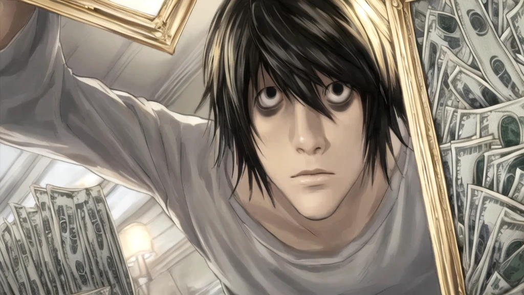 1 boy, man, perfect ???????, mesmerizing black eyes, 8k resolution, (one person), (realism: 1.2), (masterpiece: 1.2), (cowboy frame: 1.2), dark romantic lighting, (high detail: 1.2), (detailed face: 1.2), (gradients), bright detailed eyes, (natural light: 1.2), solo, indoors, perfect lighting, perfect facial features, perfect angle, perfectly drawn eyes, man, skinny, serious expression, money, dollars, gold around, dollars