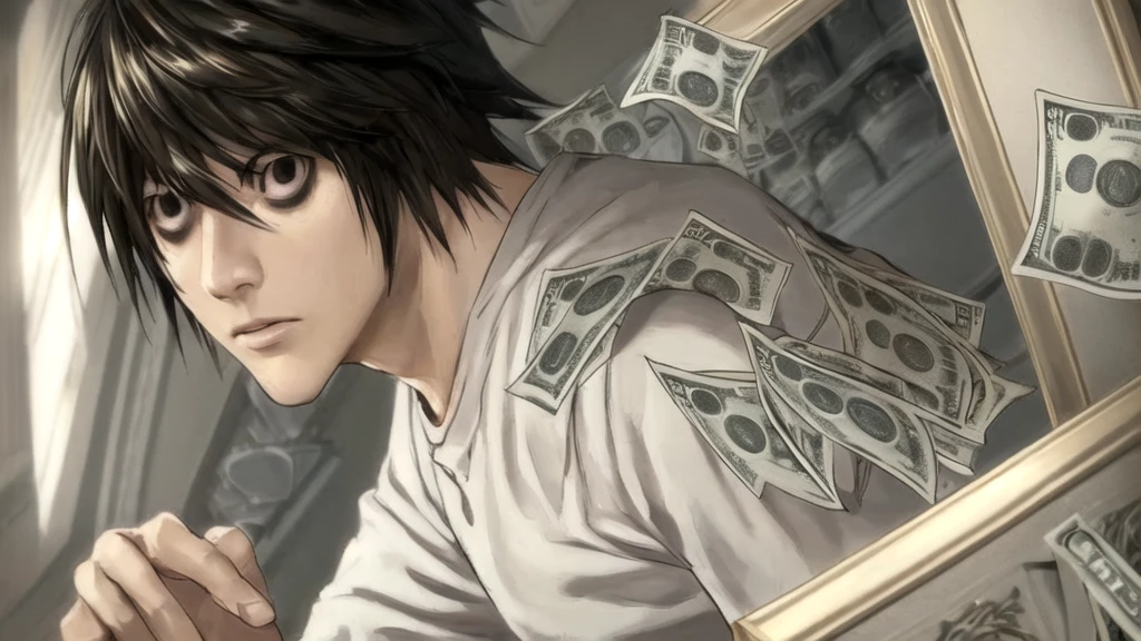 1 boy, man, perfect anatomy, mesmerizing black eyes, 8k resolution, (one person), (realism: 1.2), (masterpiece: 1.2), (cowboy frame: 1.2), dark romantic lighting, (high detail: 1.2), (detailed face: 1.2), (gradients), bright detailed eyes, (natural light: 1.2), solo, indoors, perfect lighting, perfect facial features, perfect angle, perfectly drawn eyes, man, skinny, serious expression, money, dollars, gold around, dollars
